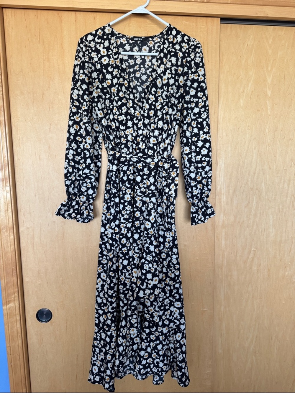 Black Floral Wrap Maxi Dress with Self-Tie Waist
